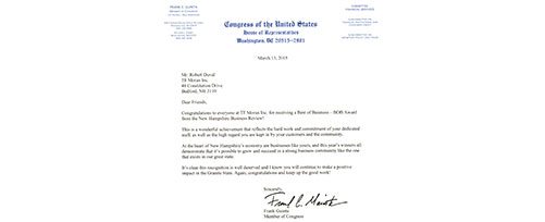 BOB Congratulations Letter from NH Congressman Frank Guinta