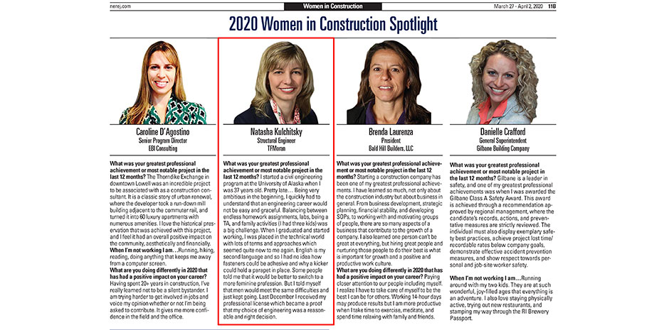 TFMoran Engineers featured in NEREJ Women In Construction 2020